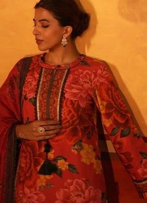 Red flower print co-ord set with dupatta 2