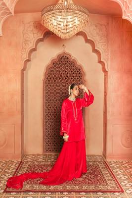 Red gajji silk embroidered sharara set 1