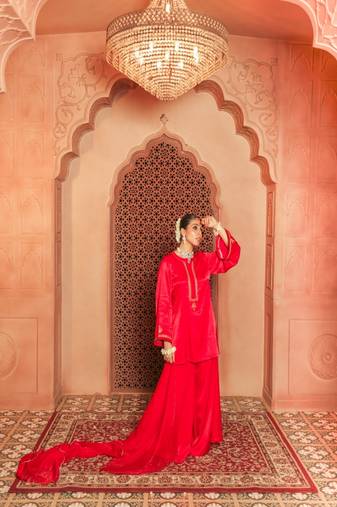 Red gajji silk embroidered sharara set