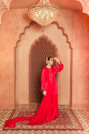 Red gajji silk embroidered sharara set