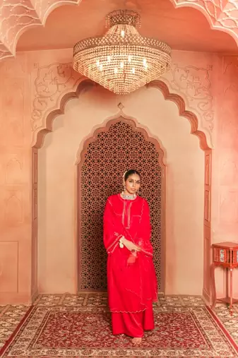 Red gajji silk embroidered sharara set