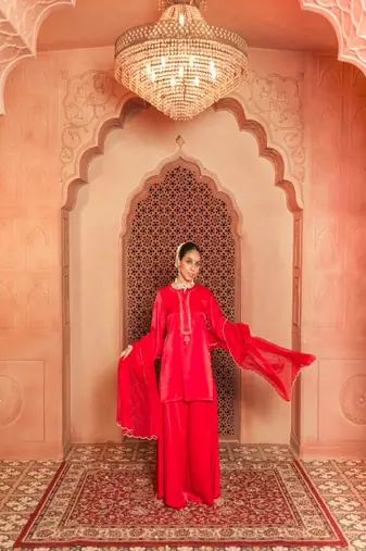 Red gajji silk embroidered sharara set