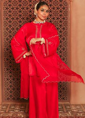 Red gajji silk embroidered sharara set 4