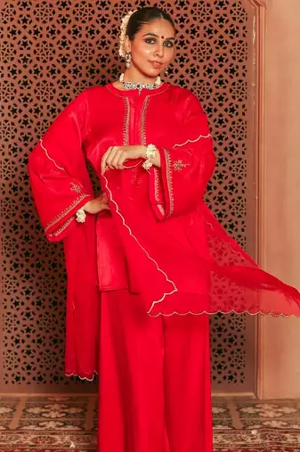 Red gajji silk embroidered sharara set