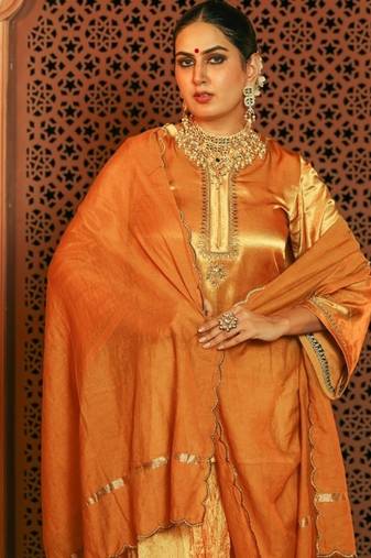 Gorgeous mustered yellow gajji silk embroidered sharara set