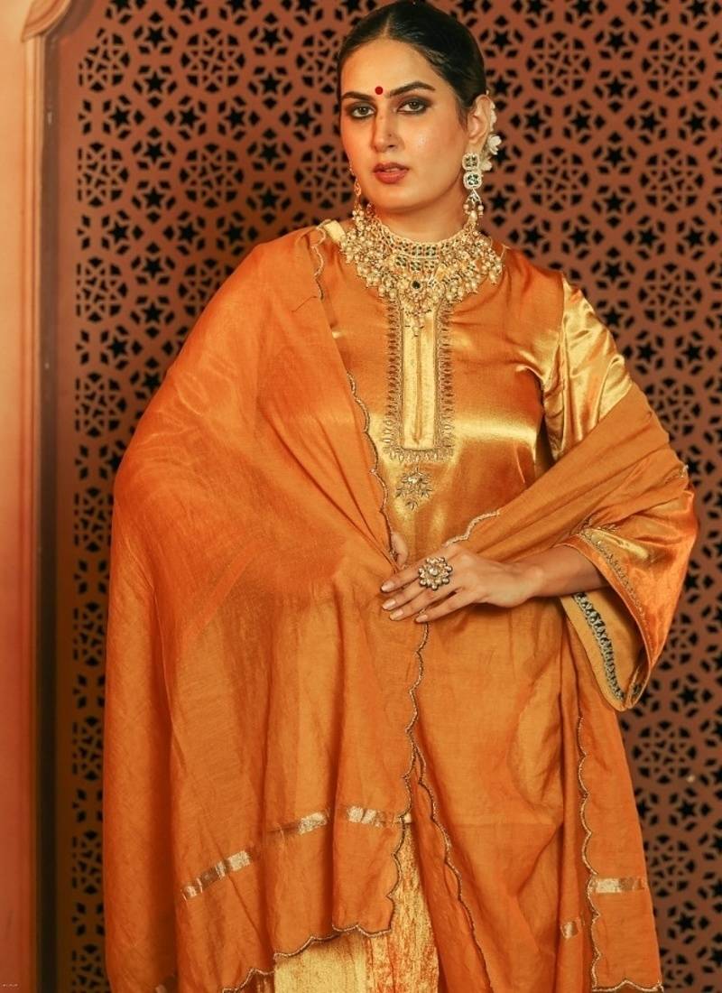 Gorgeous mustered yellow gajji silk embroidered sharara set