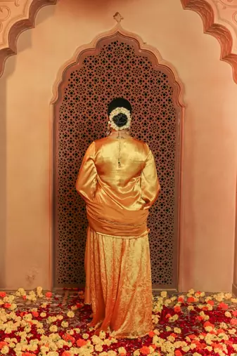 Gorgeous mustered yellow gajji silk embroidered sharara set
