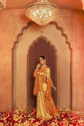 Gorgeous mustered yellow gajji silk embroidered sharara set