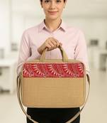 Beige woven design jute laptop bag