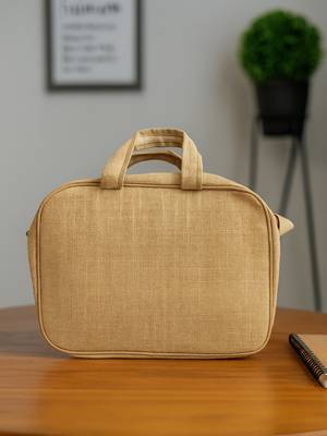 Beige woven design jute laptop bag 2