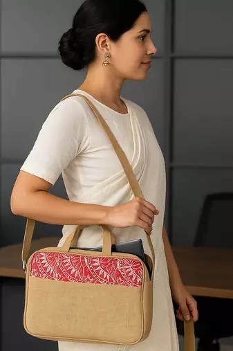 Beige woven design jute laptop bag