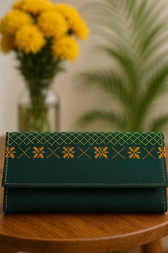Green faux leather rectabgular clutch