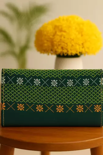 Green faux leather rectabgular clutch
