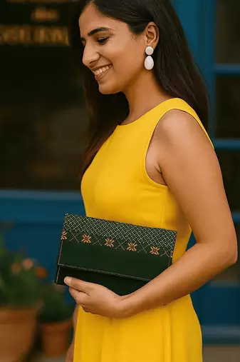 Green faux leather rectabgular clutch