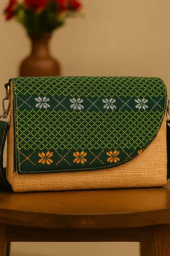 Beige structured jute sling bag