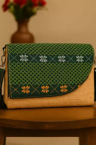 Beige structured jute sling bag
