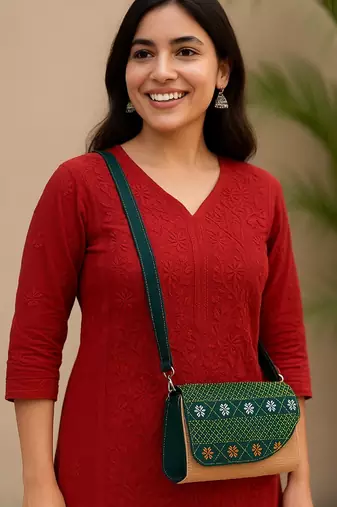 Beige structured jute sling bag