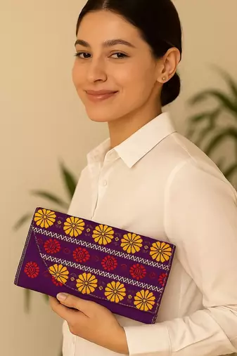 Purple faux leather rectangular clutch
