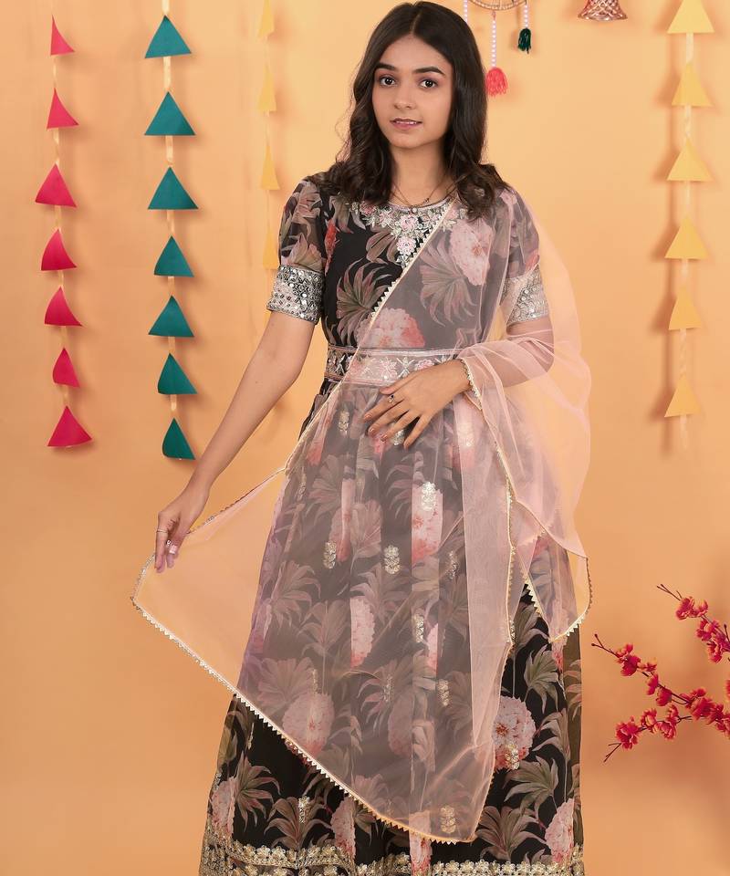 Glamour Heavy Fox Georgette Black Gown With Digital Print work With Embroidered Sequins work