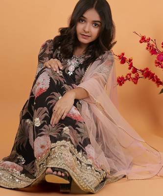 Black digital print gown with Embroidered Sequins  3