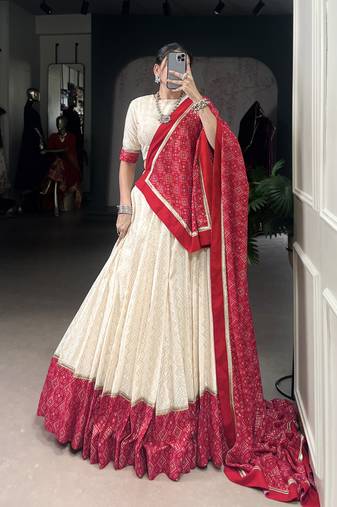 off white Cotton Bandhej Zigzag Prints Chaniya Choli with Sequin Lace