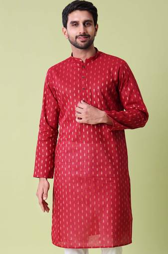 Ethnic motifs printed band collar pure cotton straight kurta