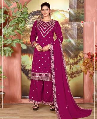 Magenta  silk wedding semi stitched palazzo set 1