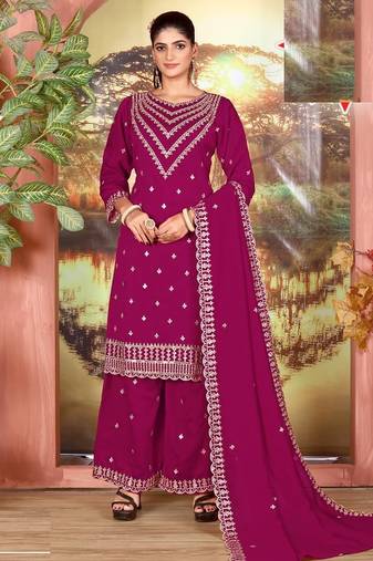 Magenta  silk wedding semi stitched palazzo set