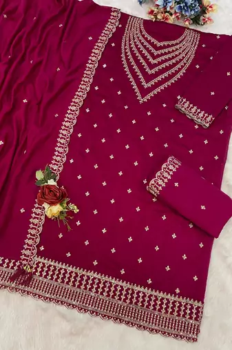 Magenta  silk wedding semi stitched palazzo set