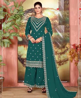 Teal silk wedding semi stitched palazzo set 1