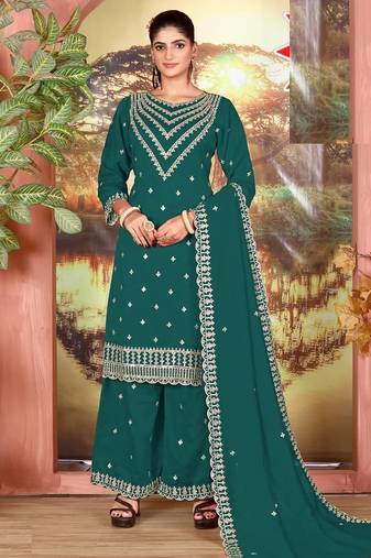 Teal silk wedding semi stitched palazzo set