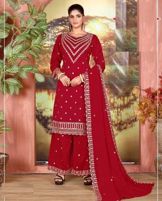 Red silk wedding semi stitched palazzo set 1