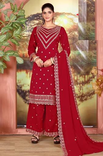 Red silk wedding semi stitched palazzo set