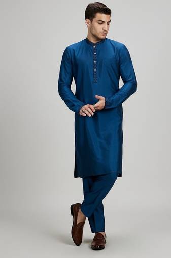 Teal blue woven cotton silk kurta set