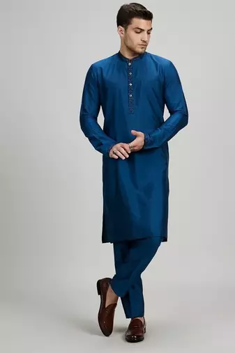 Teal blue woven cotton silk kurta set