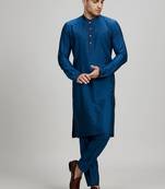 Teal blue woven cotton silk kurta set
