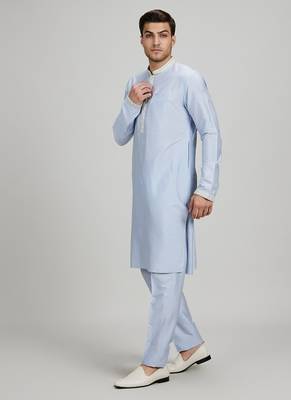 Blue woven cotton silk kurta set 4