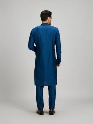 Teal blue woven cotton silk kurta set 2