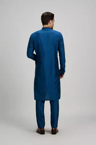 Teal blue woven cotton silk kurta set