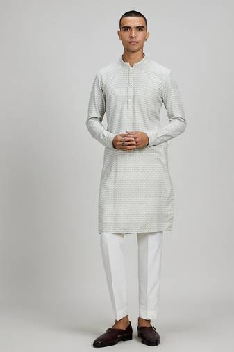Off white woven cotton kurta set