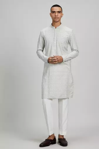 Off white woven cotton kurta set
