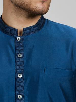 Teal blue woven cotton silk kurta set 3