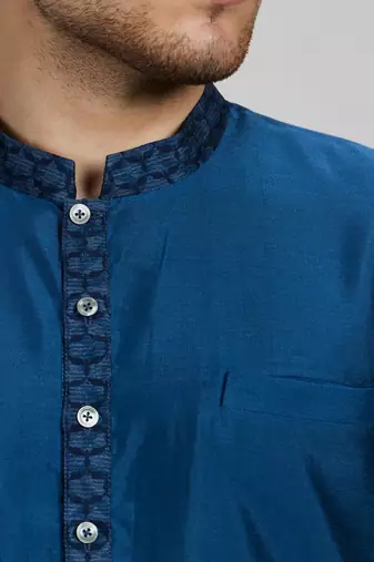 Teal blue woven cotton silk kurta set