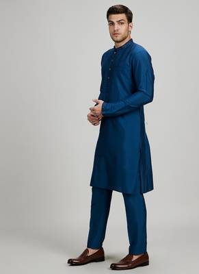 Teal blue woven cotton silk kurta set 4