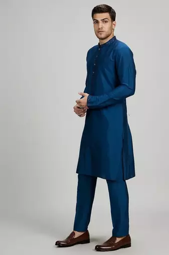 Teal blue woven cotton silk kurta set