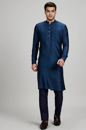 Dark blue woven silk kurta set