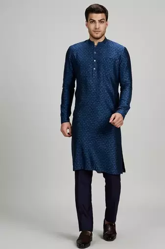 Dark blue woven silk kurta set