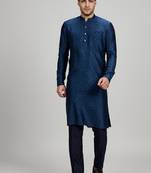 Dark blue woven silk kurta set