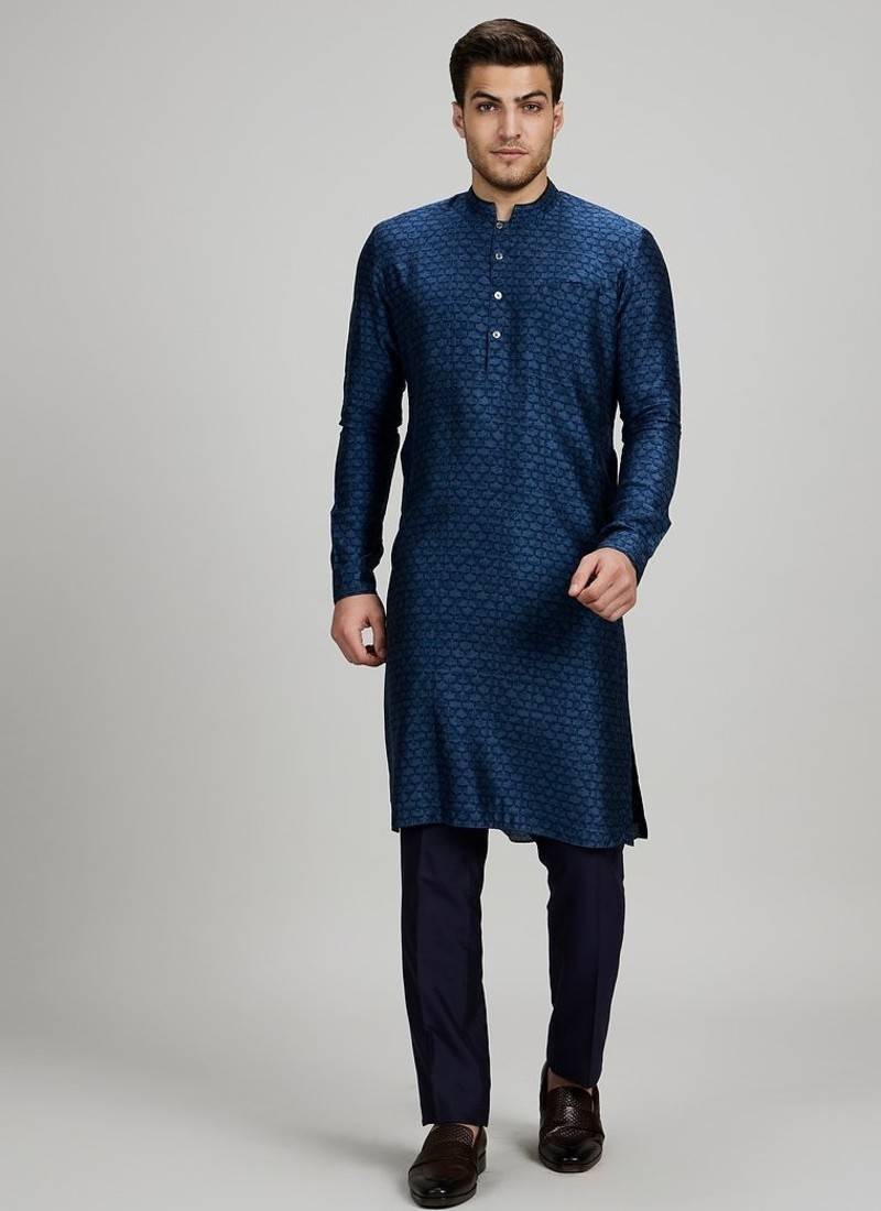 Dark blue woven silk kurta set