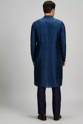 Dark blue woven silk kurta set